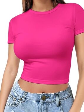Women's Short Sleeve Crop Top Crew Neck T-Shirt Sexy Slim Fit
